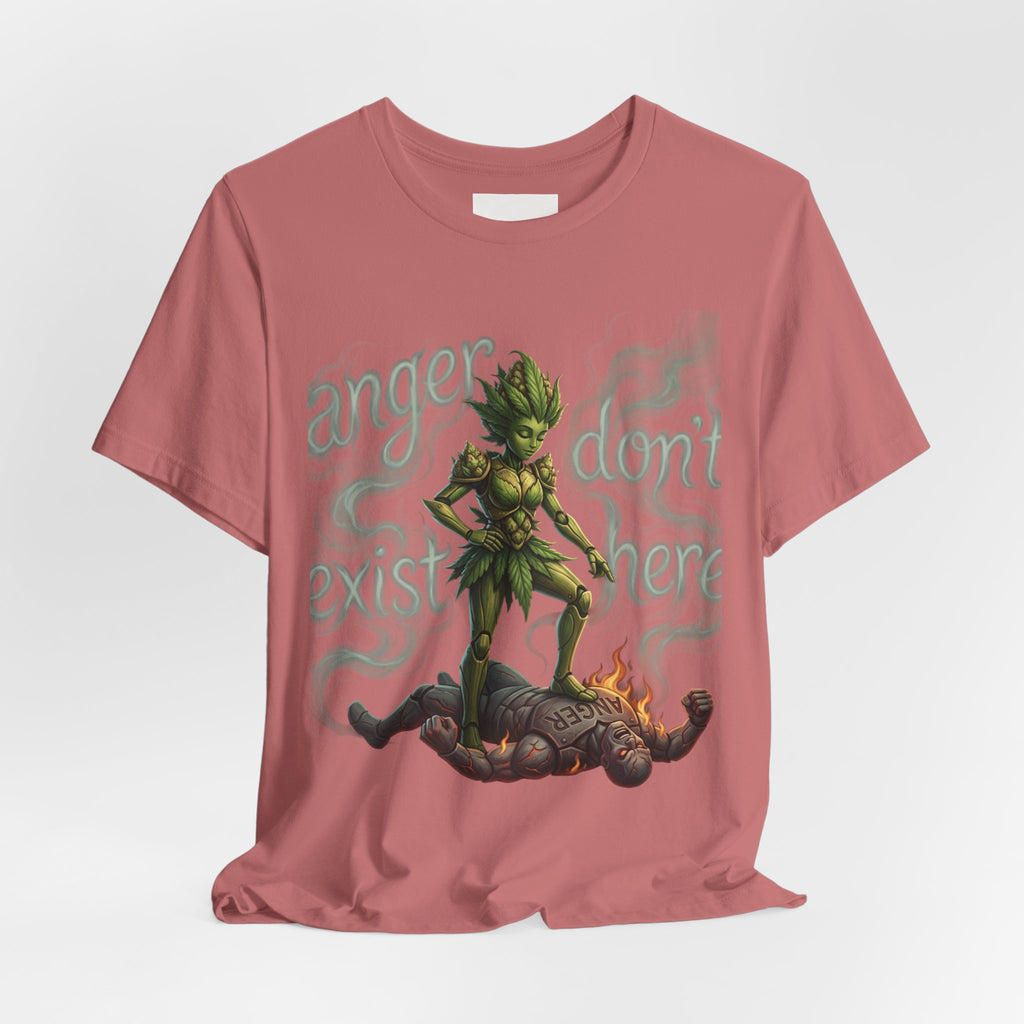 T-Shirt — 'Anger Don't Exist Here' Green Forest Spirit Graphic Tee (Front/Back Cannabis Plant Design)