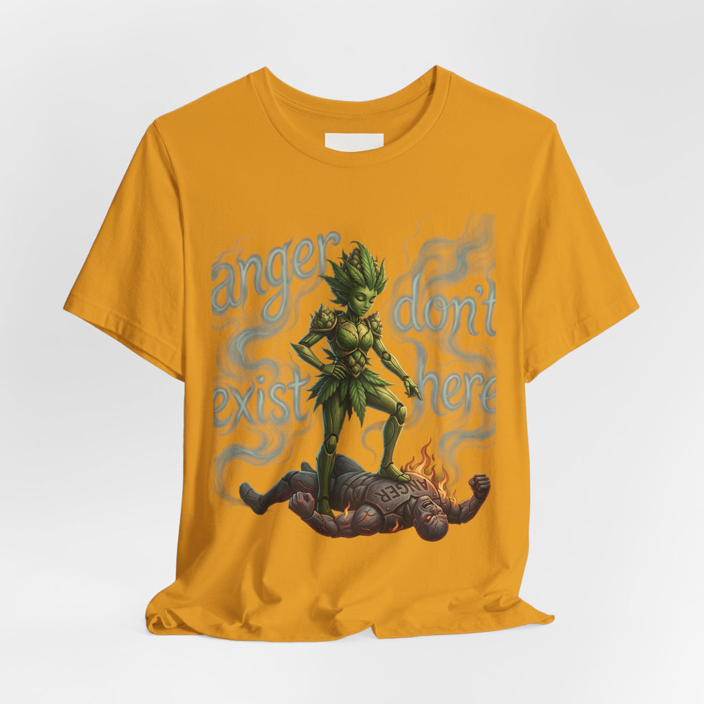 T-Shirt — 'Anger Don't Exist Here' Green Forest Spirit Graphic Tee (Front/Back Cannabis Plant Design)