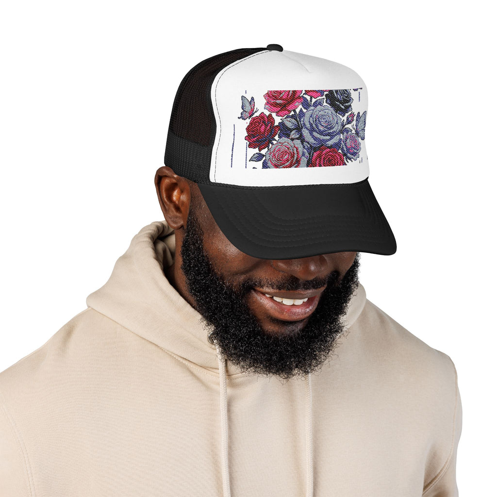 Rose Pixel Art Trucker Hat — Floral Retro Foam Mesh Cap