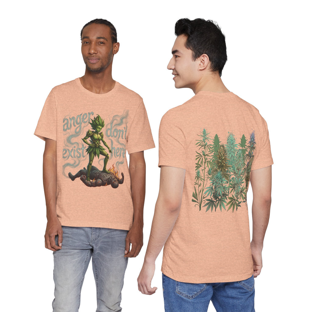 T-Shirt — 'Anger Don't Exist Here' Green Forest Spirit Graphic Tee (Front/Back Cannabis Plant Design)