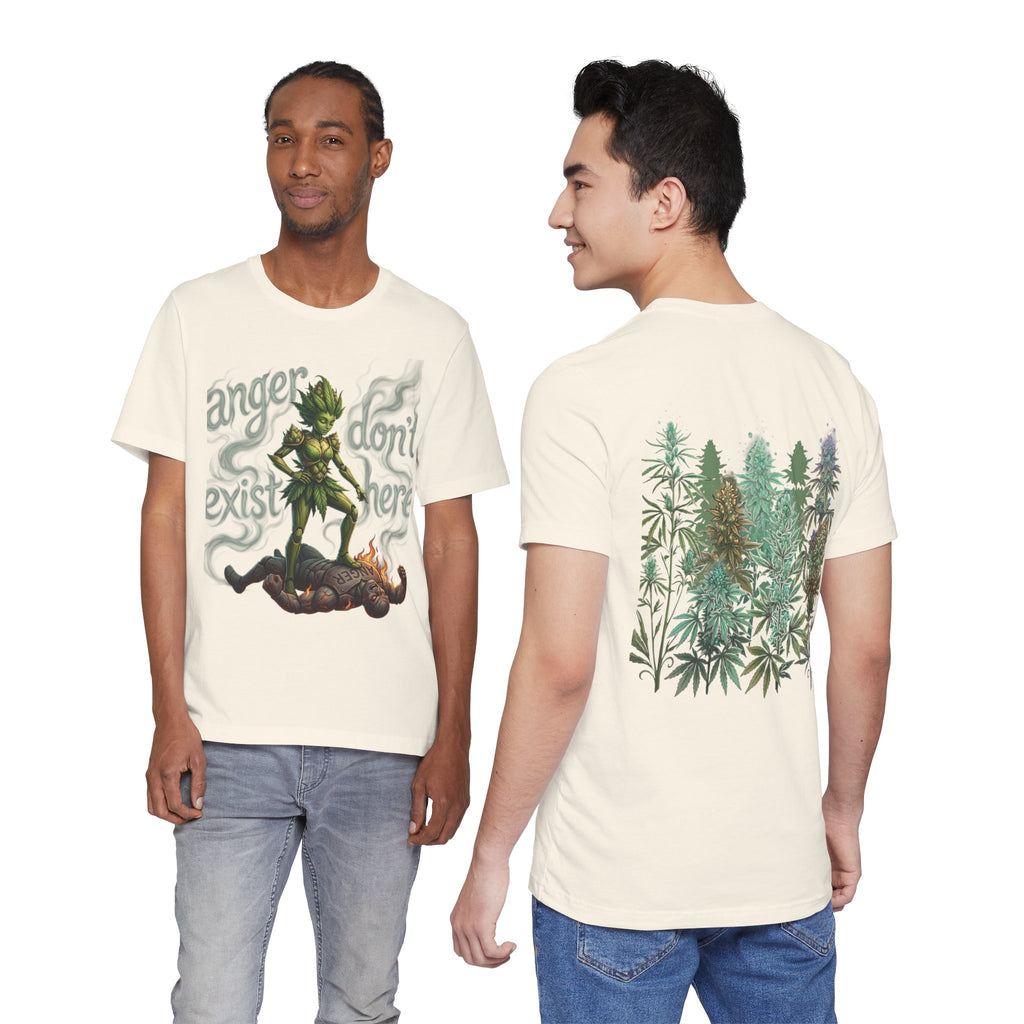 T-Shirt — 'Anger Don't Exist Here' Green Forest Spirit Graphic Tee (Front/Back Cannabis Plant Design)
