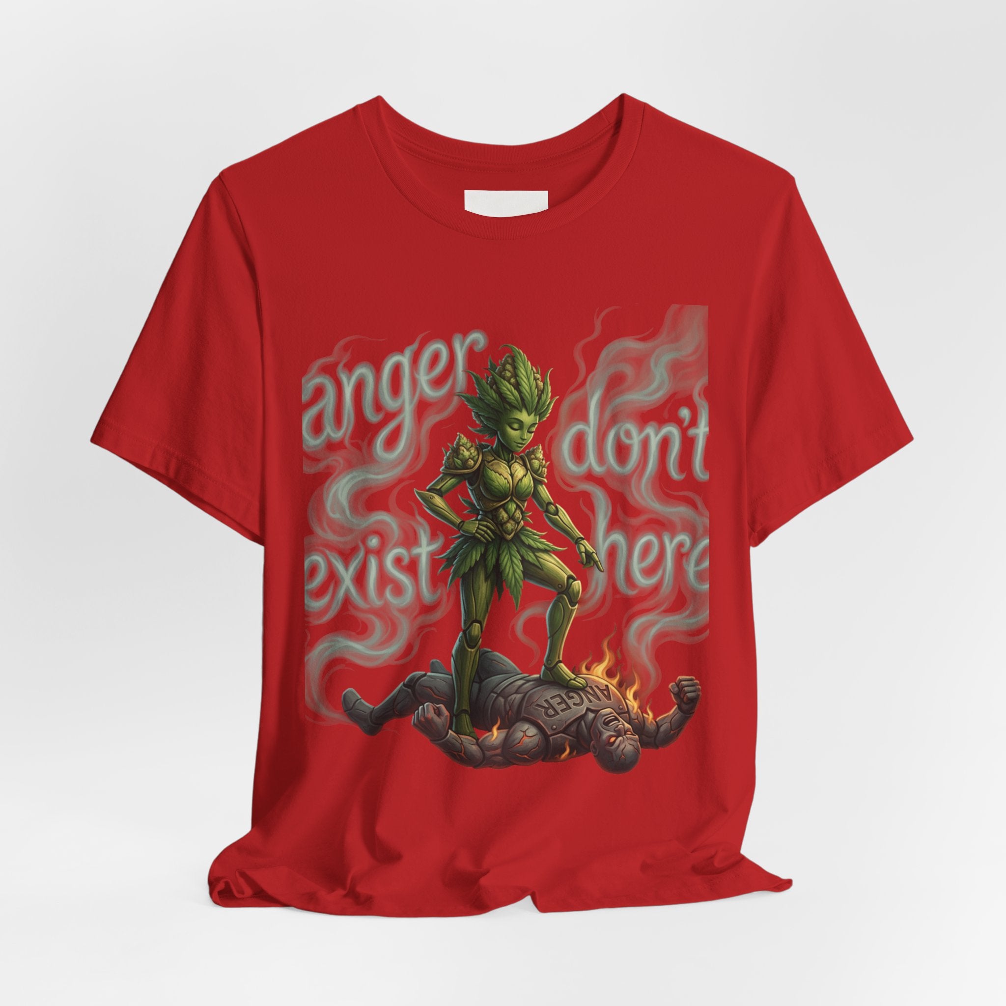 T-Shirt — 'Anger Don't Exist Here' Green Forest Spirit Graphic Tee (Front/Back Cannabis Plant Design)