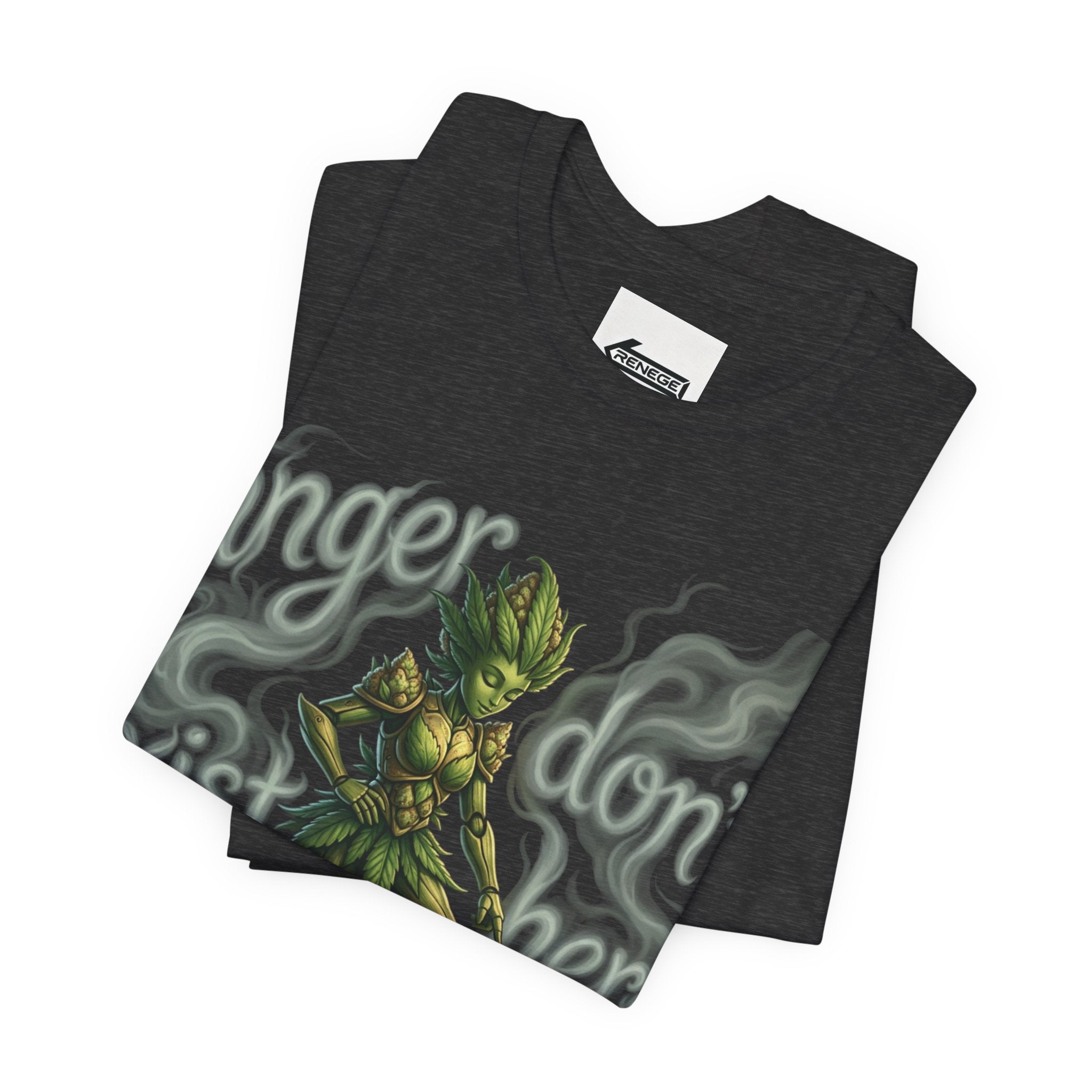 T-Shirt — 'Anger Don't Exist Here' Green Forest Spirit Graphic Tee (Front/Back Cannabis Plant Design)