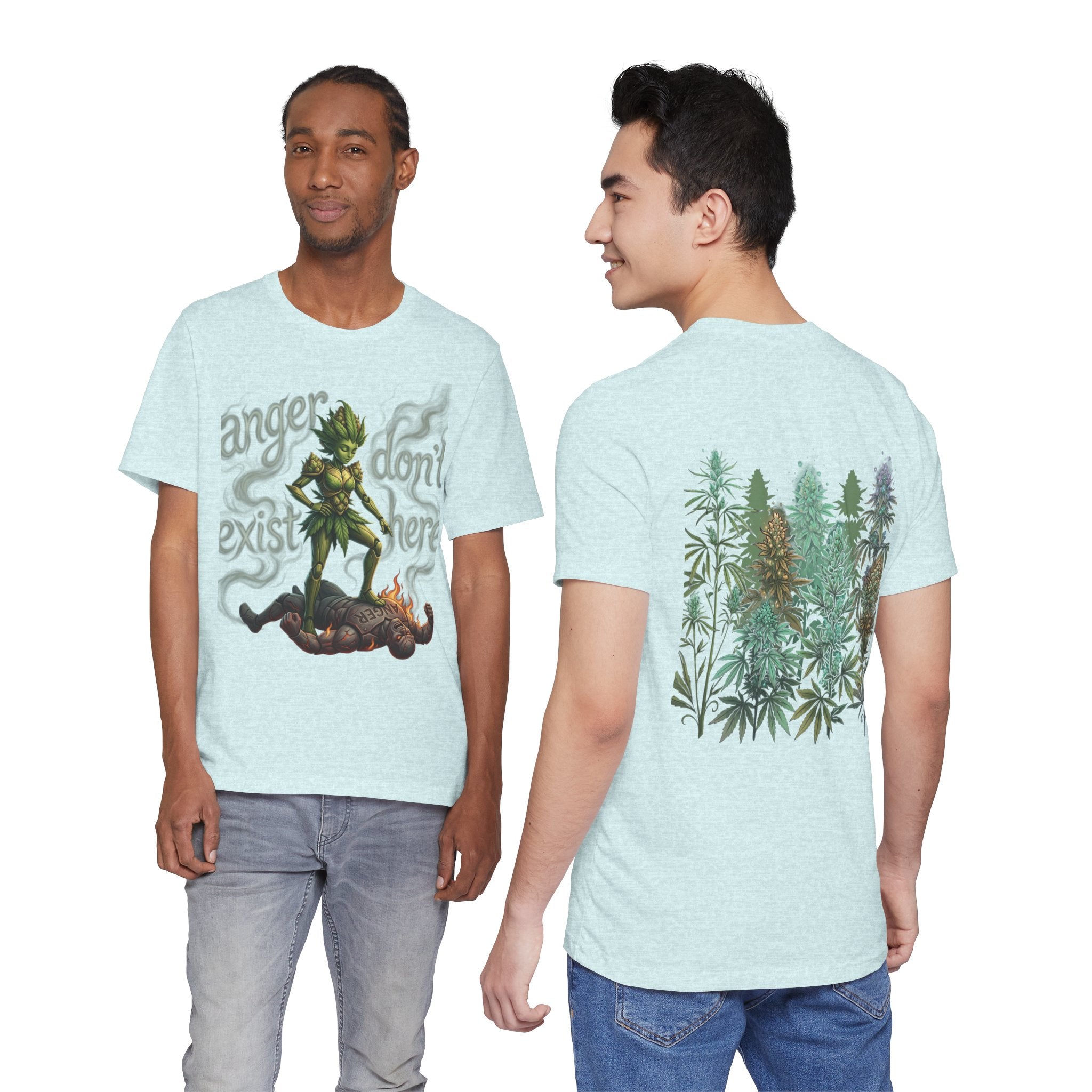 T-Shirt — 'Anger Don't Exist Here' Green Forest Spirit Graphic Tee (Front/Back Cannabis Plant Design)