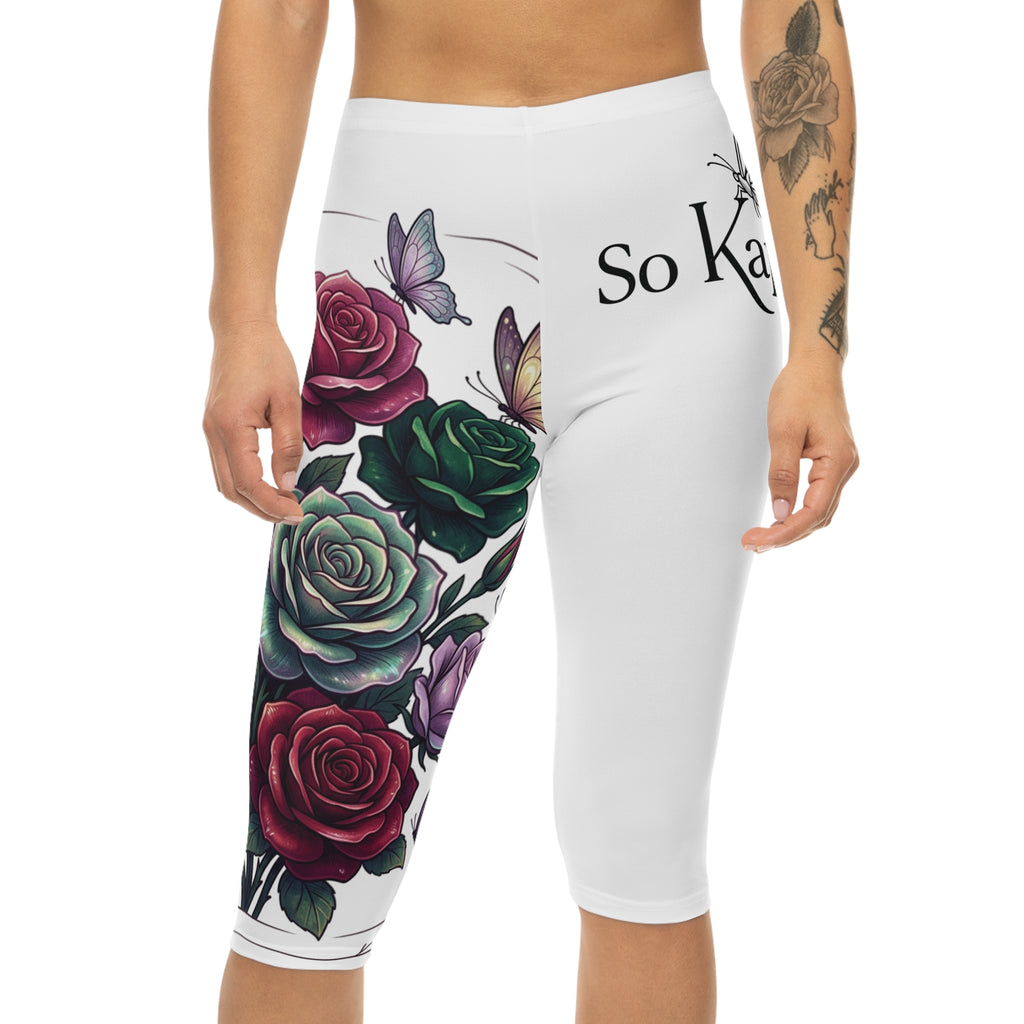 Floral Rose & Butterflies Capri Leggings — Women’s Garden Tattoo Print