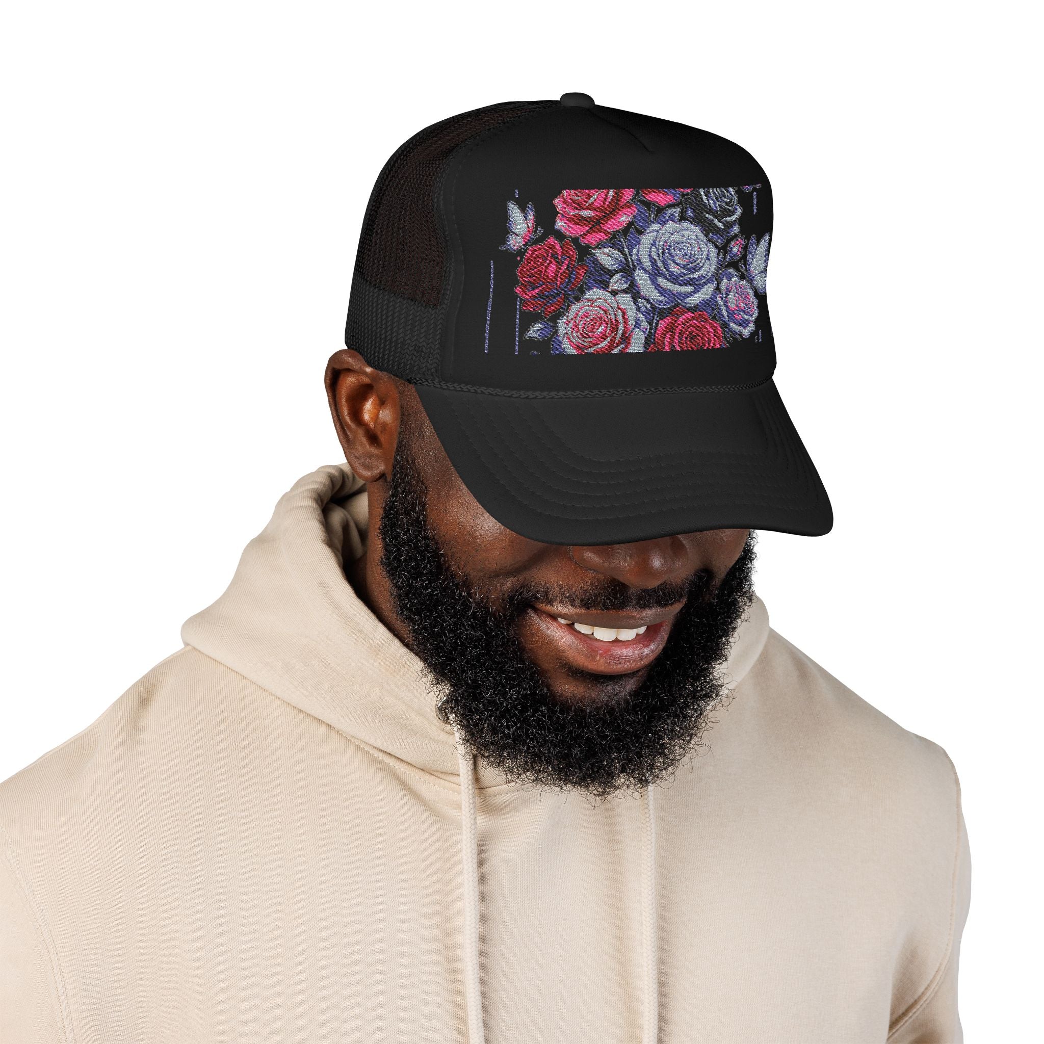 Rose Pixel Art Trucker Hat — Floral Retro Foam Mesh Cap