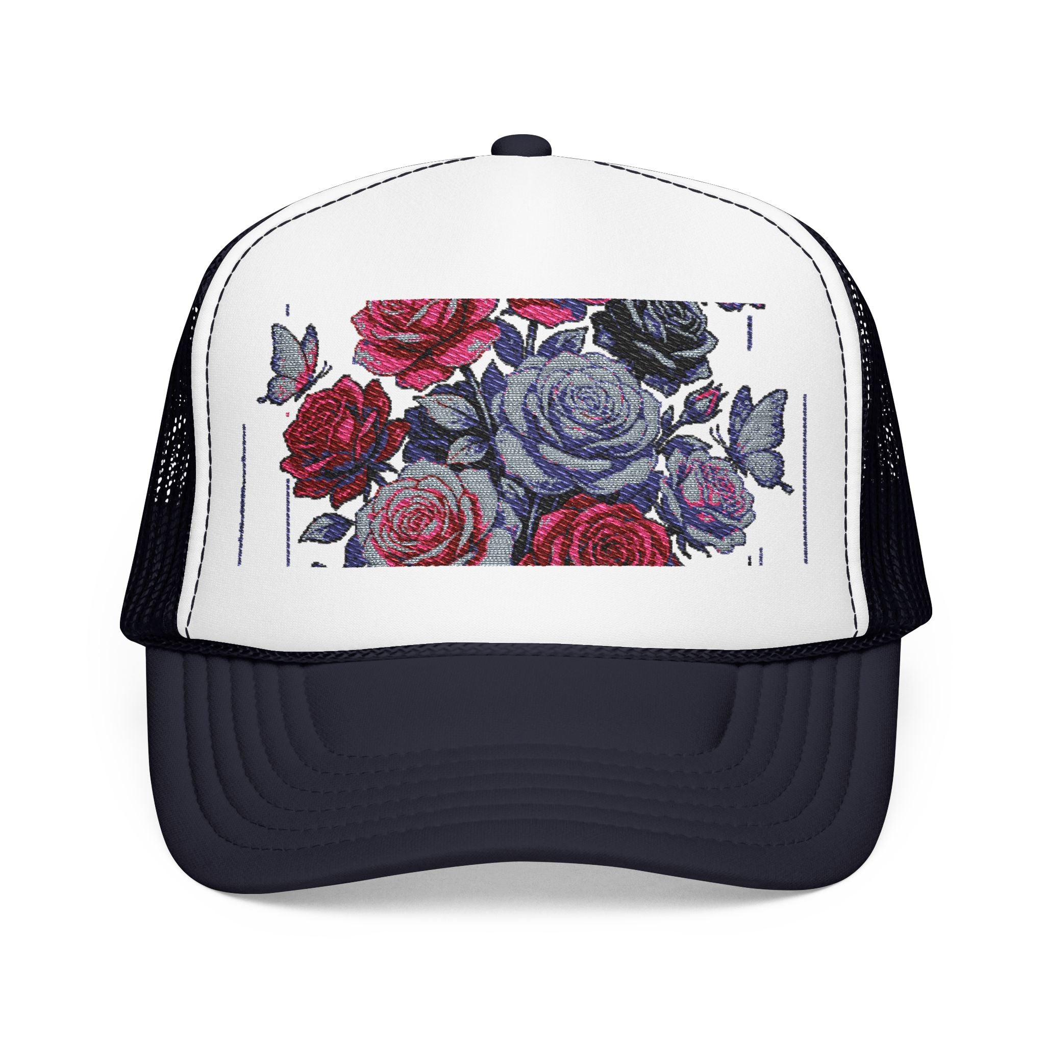 Rose Pixel Art Trucker Hat — Floral Retro Foam Mesh Cap