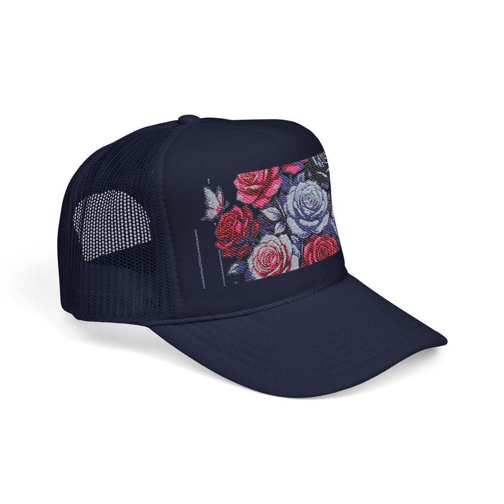 Rose Pixel Art Trucker Hat — Floral Retro Foam Mesh Cap