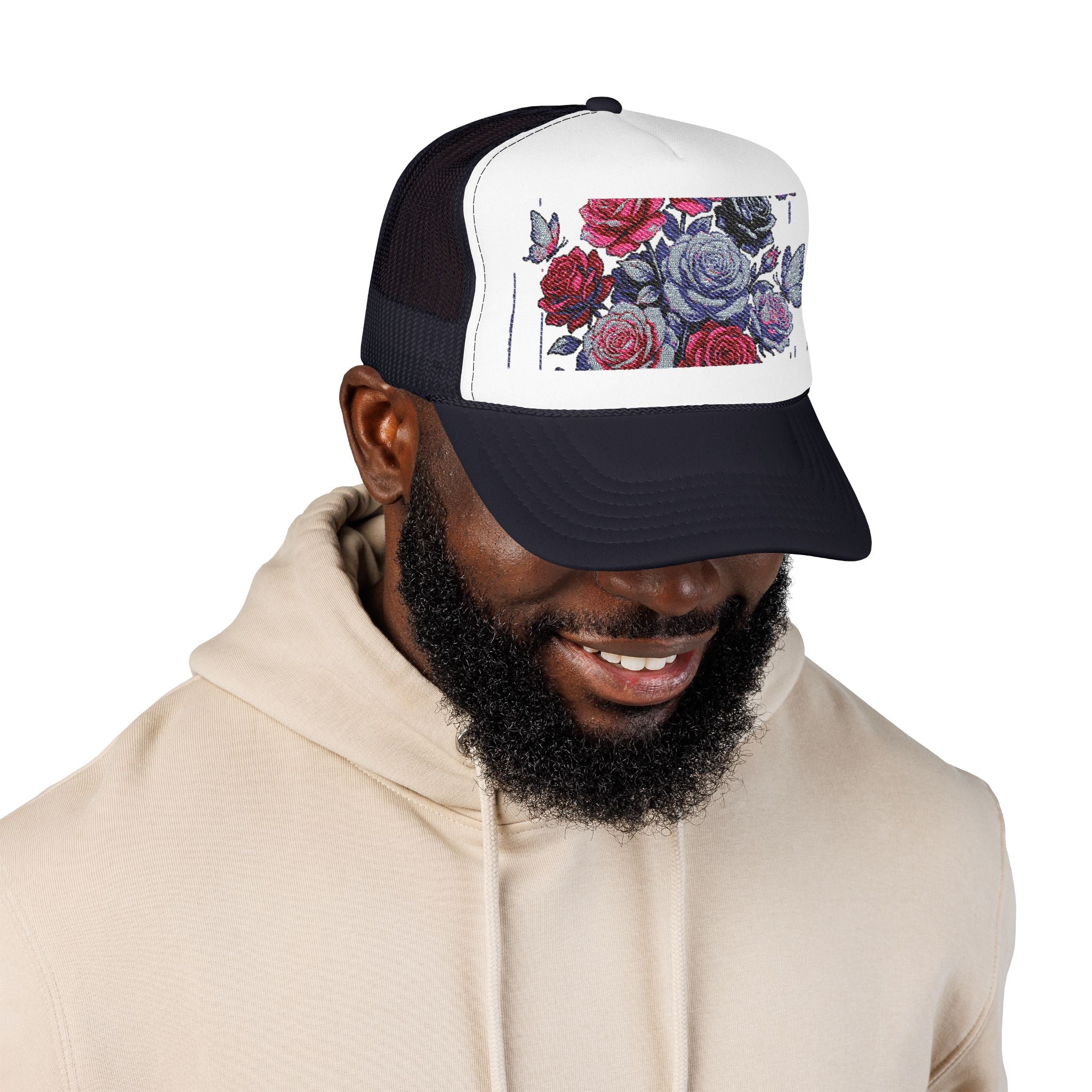 Rose Pixel Art Trucker Hat — Floral Retro Foam Mesh Cap