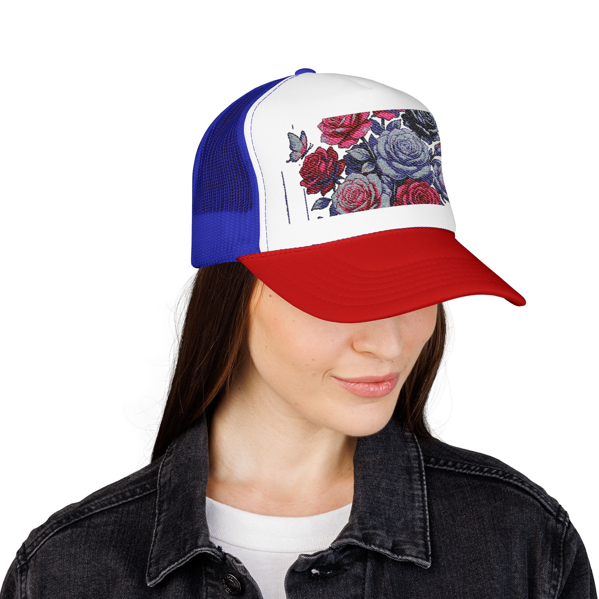 Rose Pixel Art Trucker Hat — Floral Retro Foam Mesh Cap