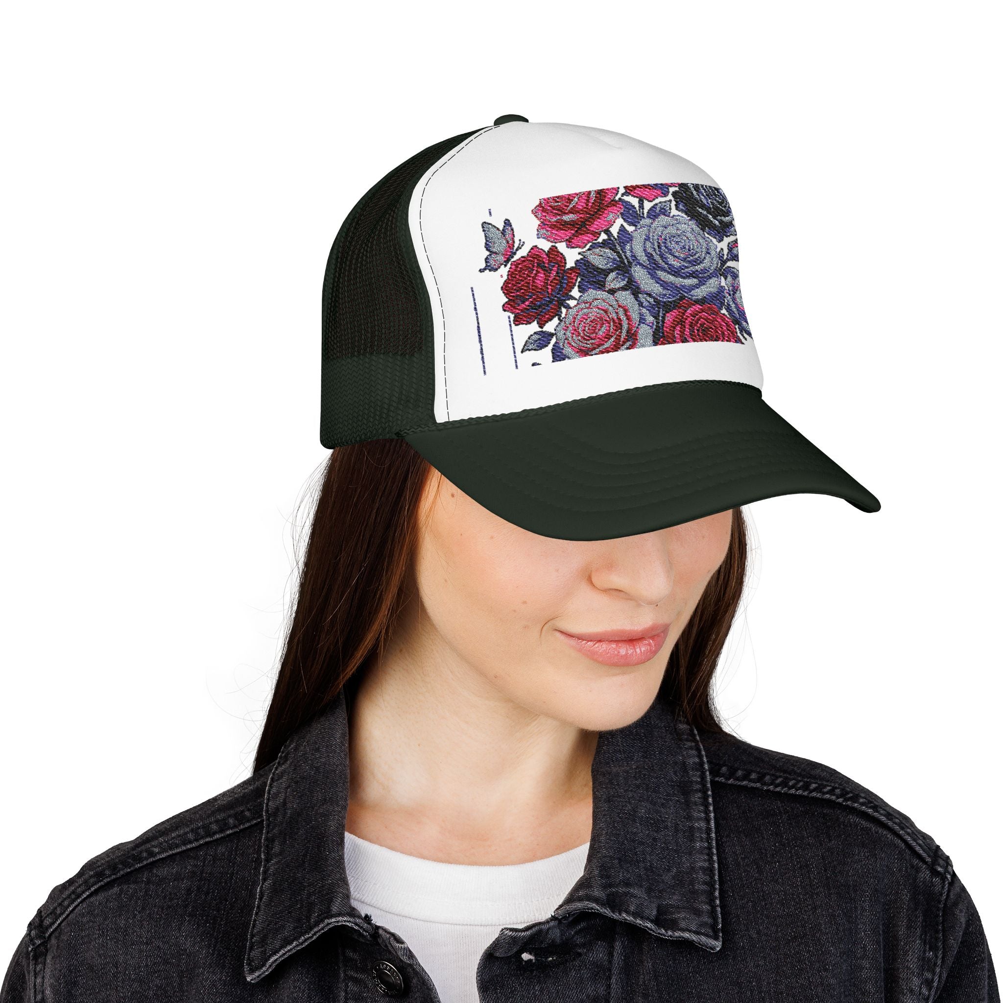 Rose Pixel Art Trucker Hat — Floral Retro Foam Mesh Cap