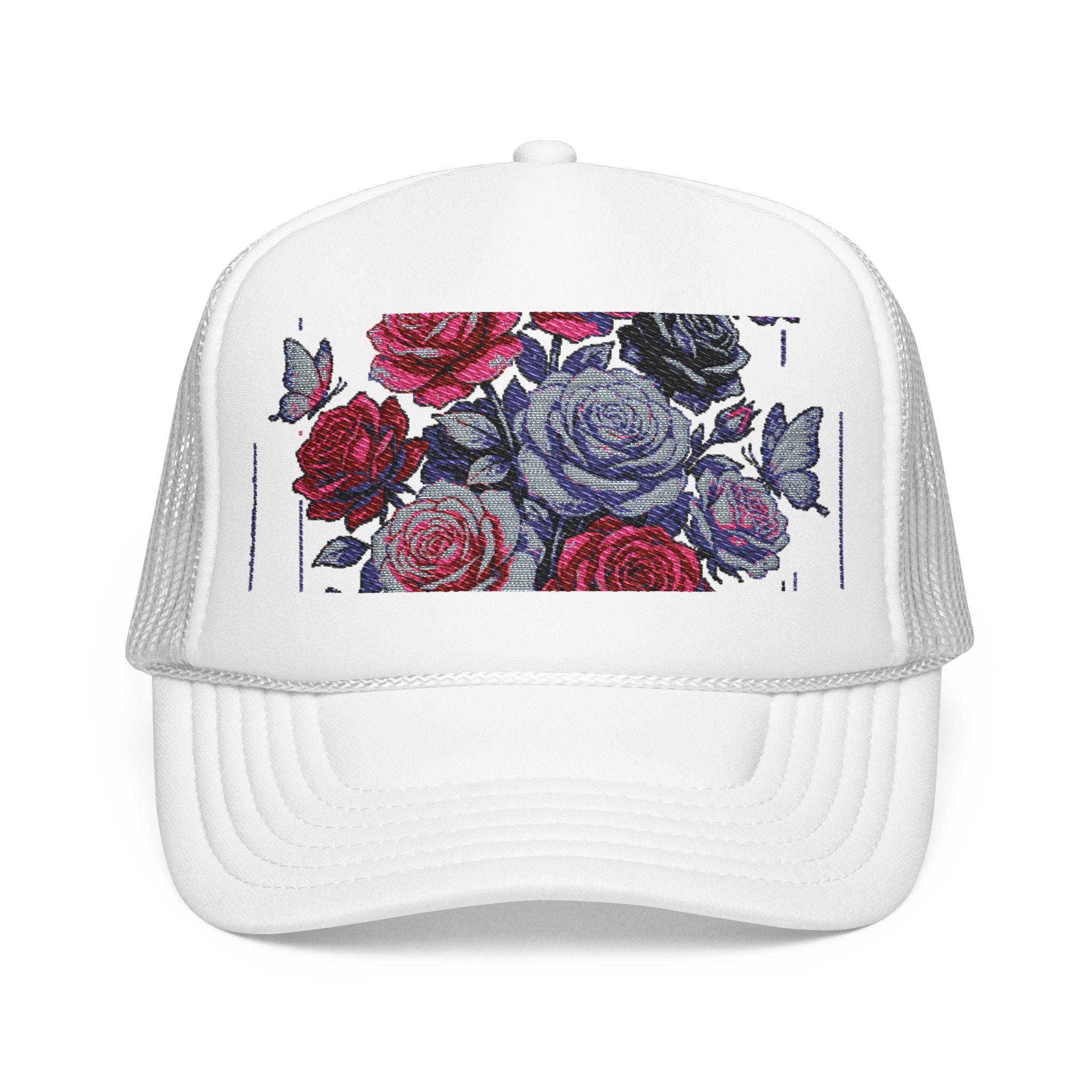 Rose Pixel Art Trucker Hat — Floral Retro Foam Mesh Cap