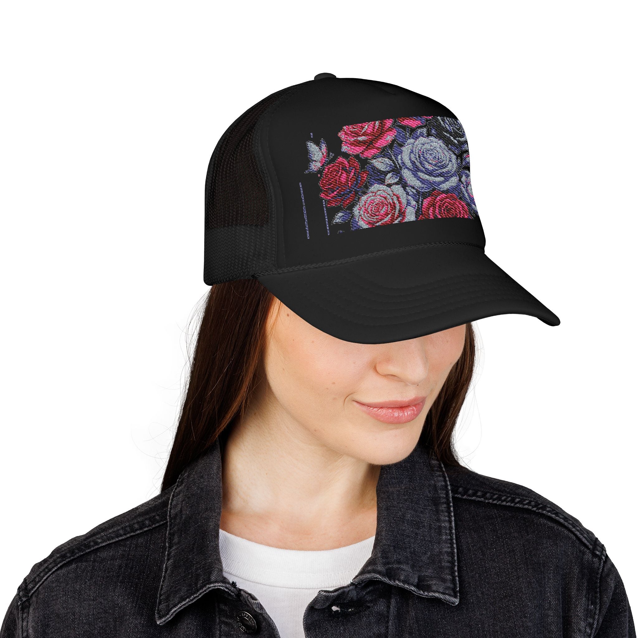 Rose Pixel Art Trucker Hat — Floral Retro Foam Mesh Cap