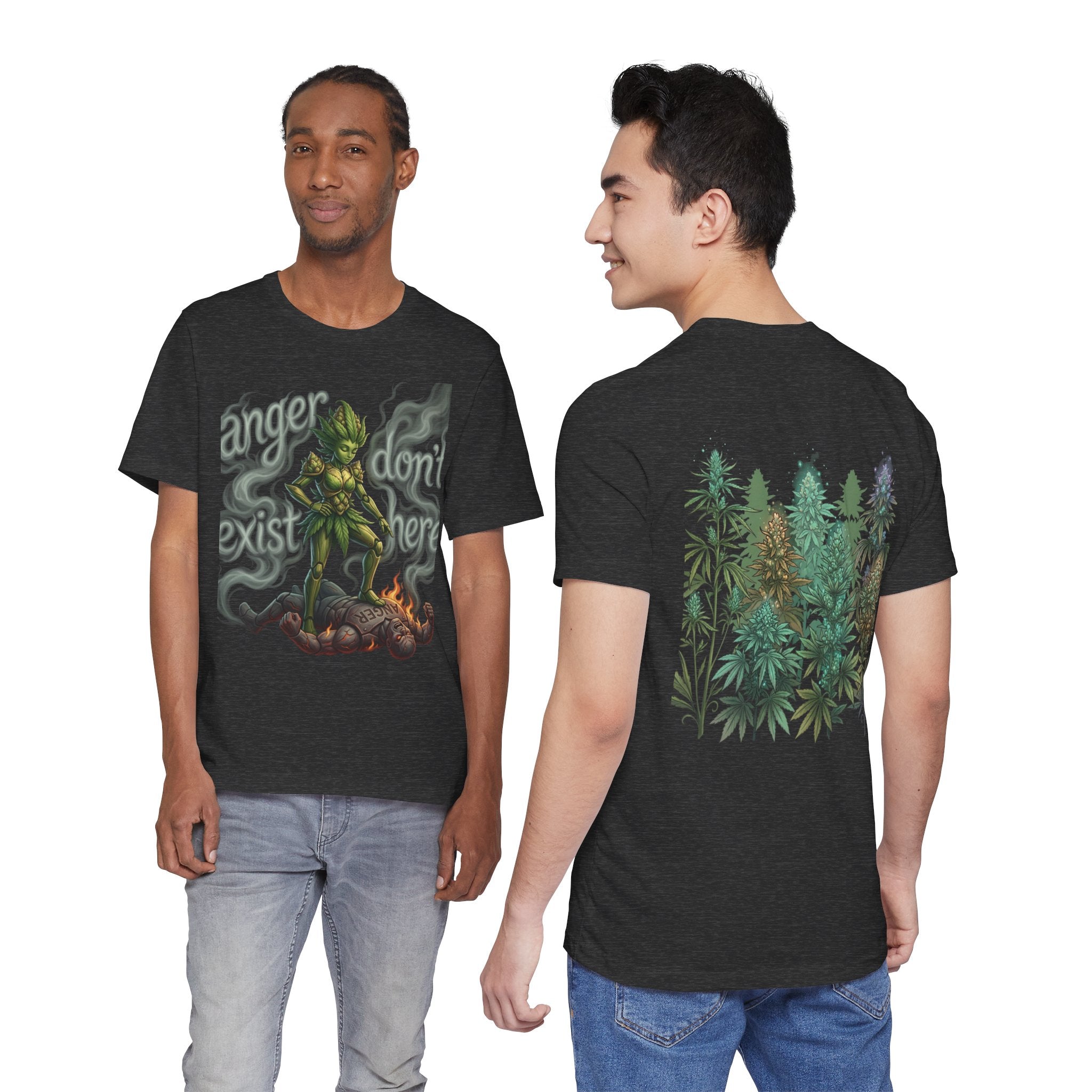 T-Shirt — 'Anger Don't Exist Here' Green Forest Spirit Graphic Tee (Front/Back Cannabis Plant Design)