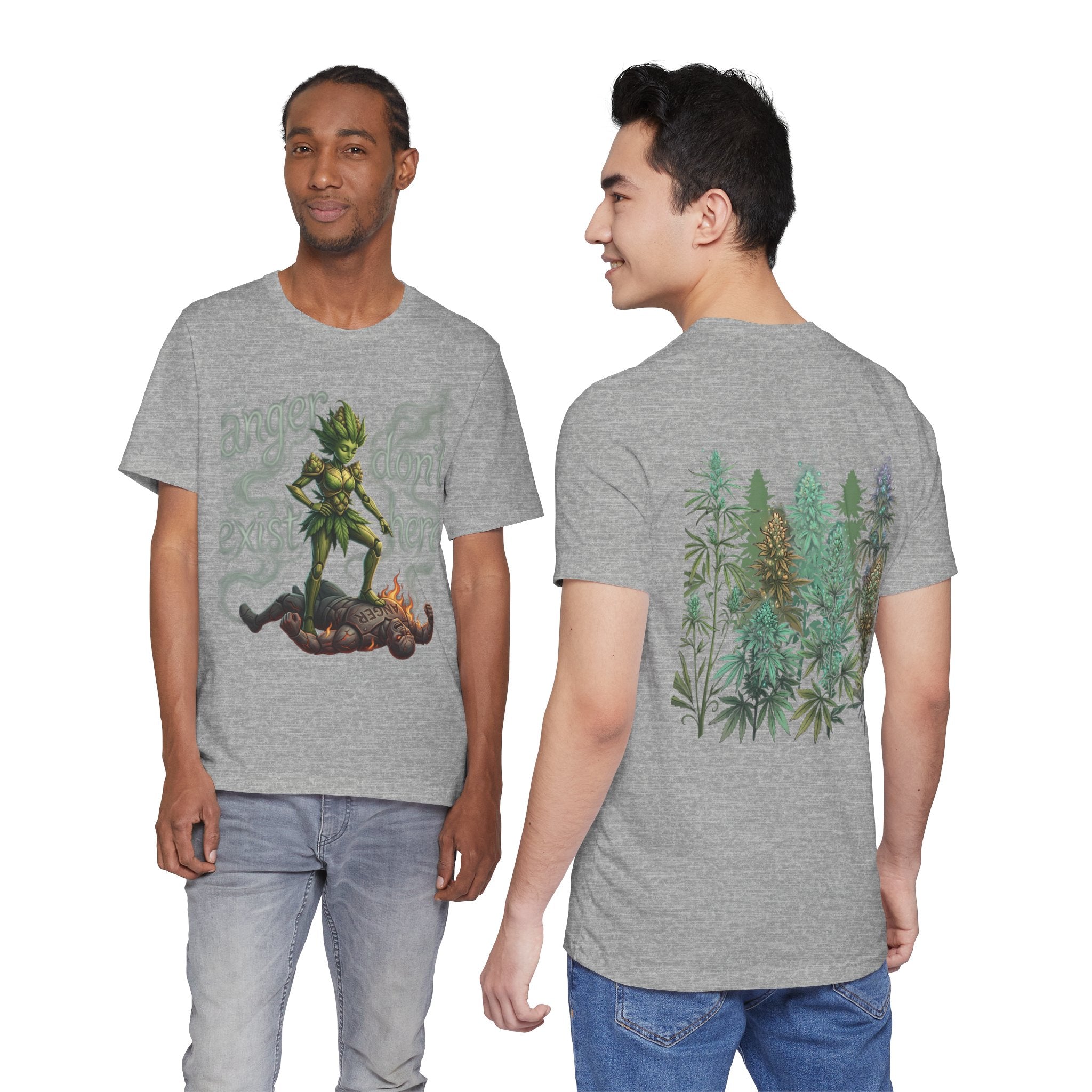 T-Shirt — 'Anger Don't Exist Here' Green Forest Spirit Graphic Tee (Front/Back Cannabis Plant Design)