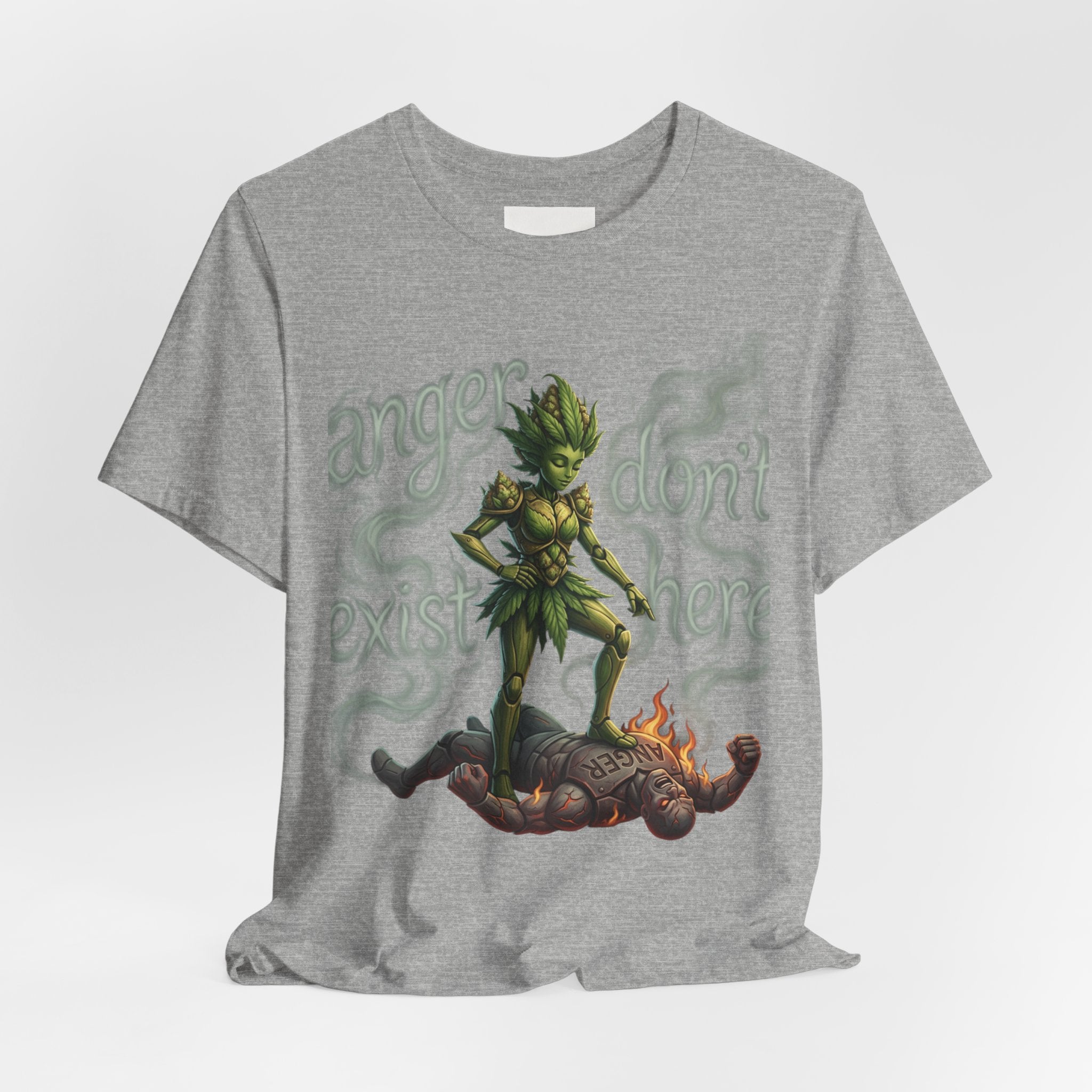 T-Shirt — 'Anger Don't Exist Here' Green Forest Spirit Graphic Tee (Front/Back Cannabis Plant Design)