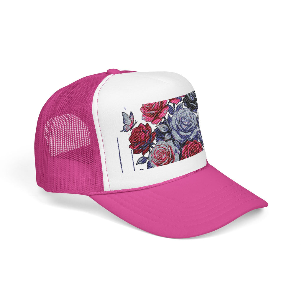 Rose Pixel Art Trucker Hat — Floral Retro Foam Mesh Cap