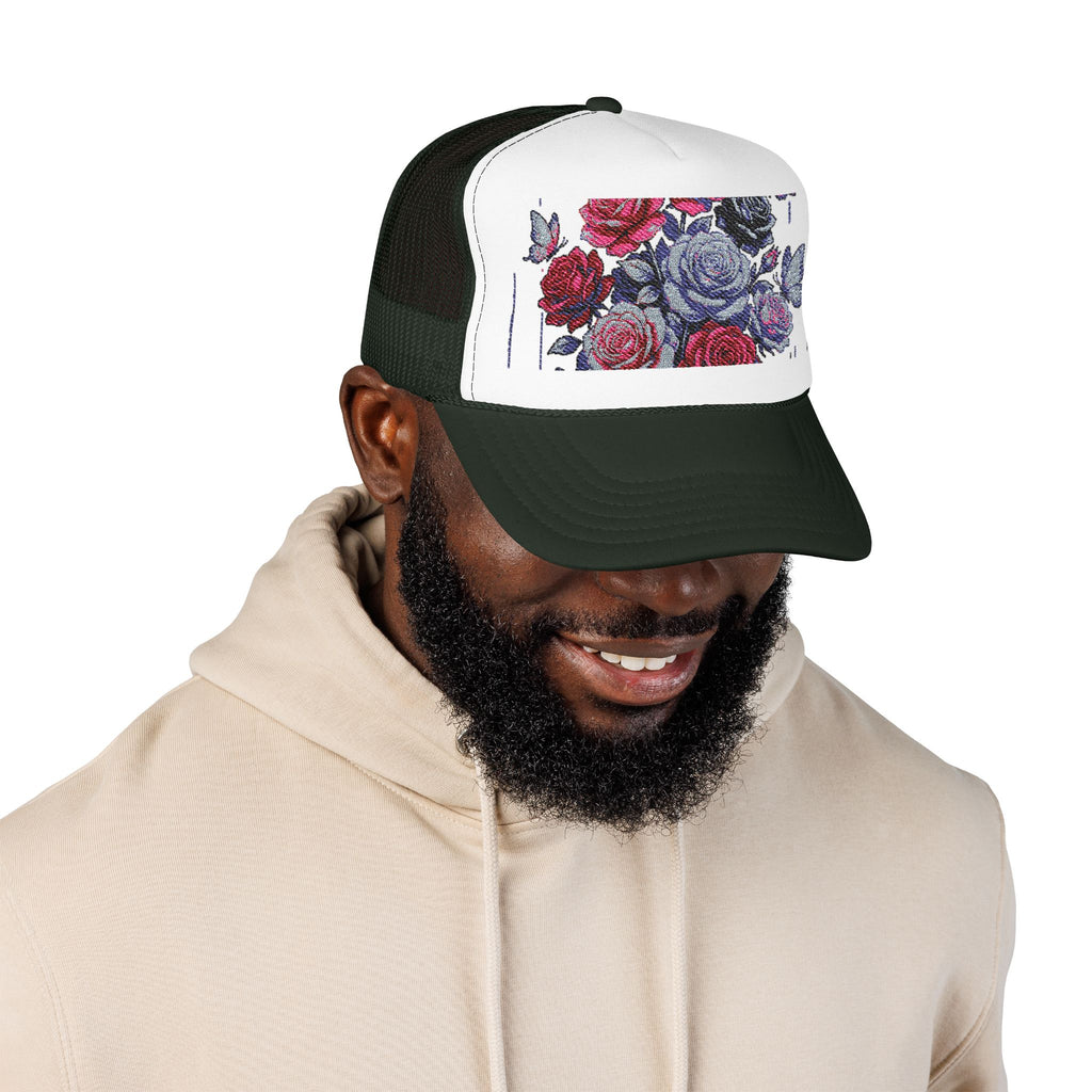 Rose Pixel Art Trucker Hat — Floral Retro Foam Mesh Cap