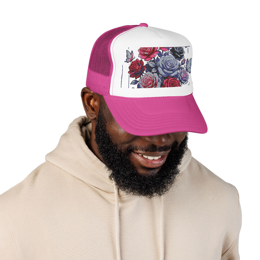 Rose Pixel Art Trucker Hat — Floral Retro Foam Mesh Cap