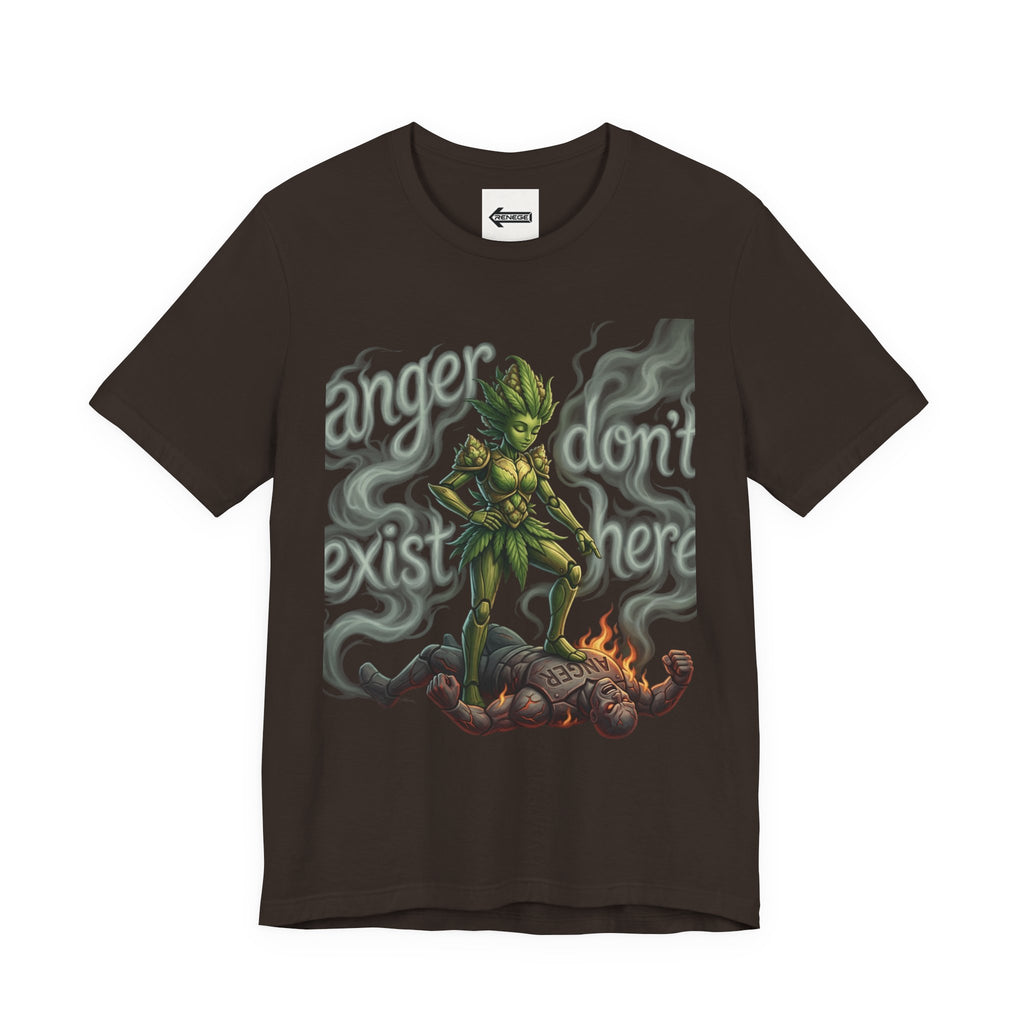 T-Shirt — 'Anger Don't Exist Here' Green Forest Spirit Graphic Tee (Front/Back Cannabis Plant Design)