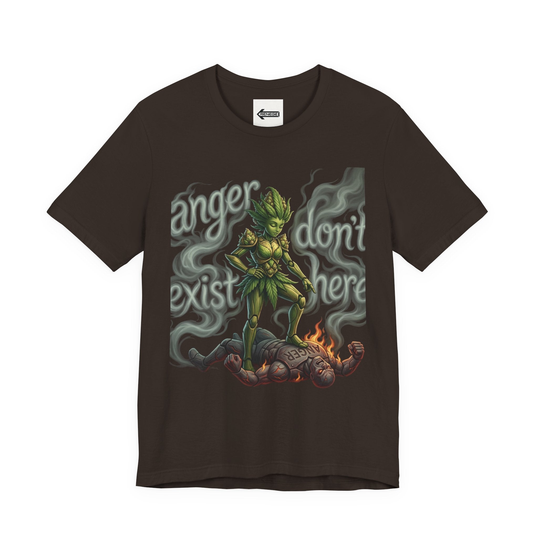 T-Shirt — 'Anger Don't Exist Here' Green Forest Spirit Graphic Tee (Front/Back Cannabis Plant Design)