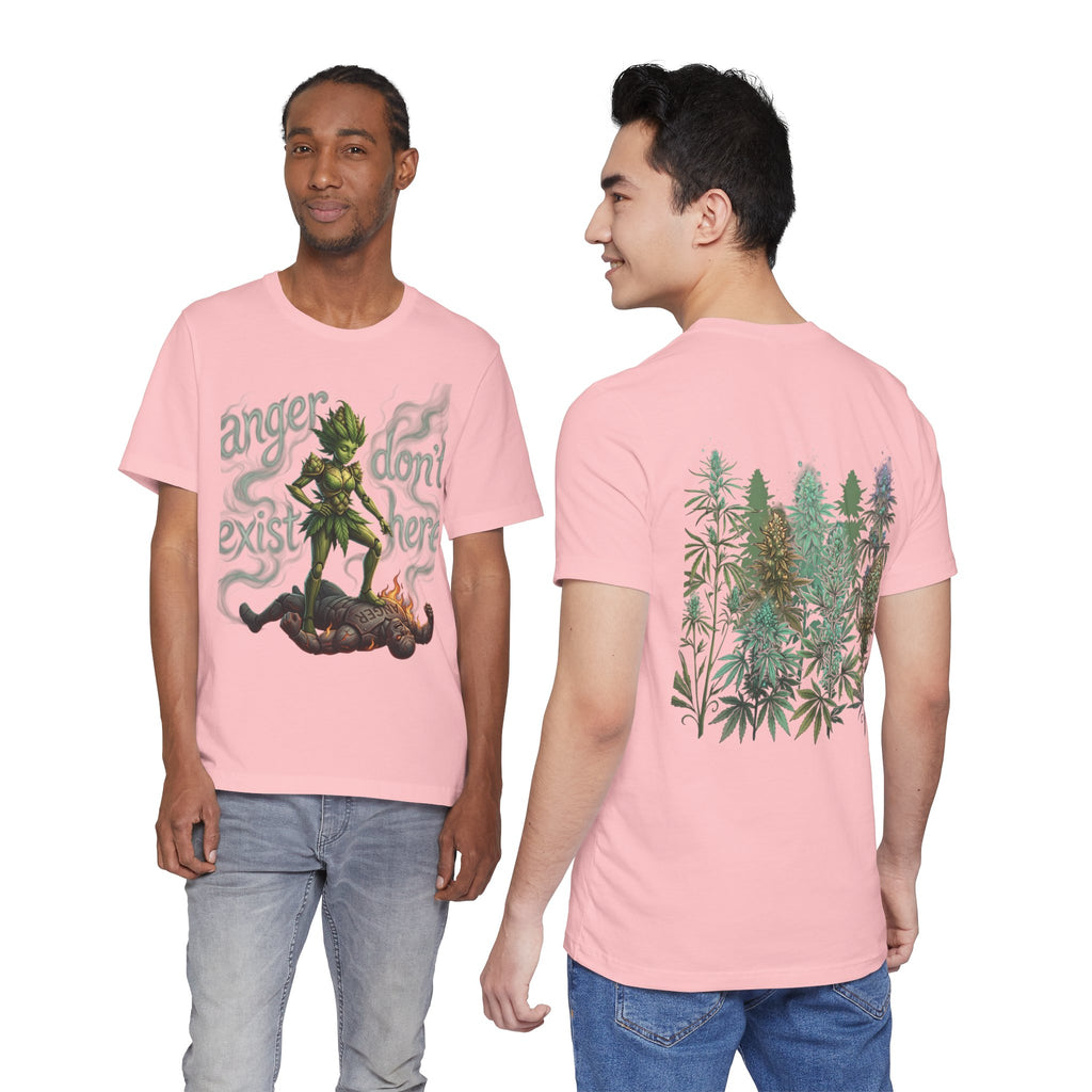T-Shirt — 'Anger Don't Exist Here' Green Forest Spirit Graphic Tee (Front/Back Cannabis Plant Design)