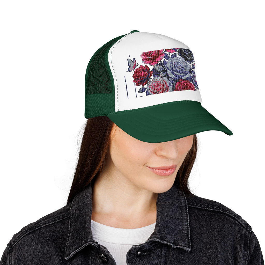 Rose Pixel Art Trucker Hat — Floral Retro Foam Mesh Cap