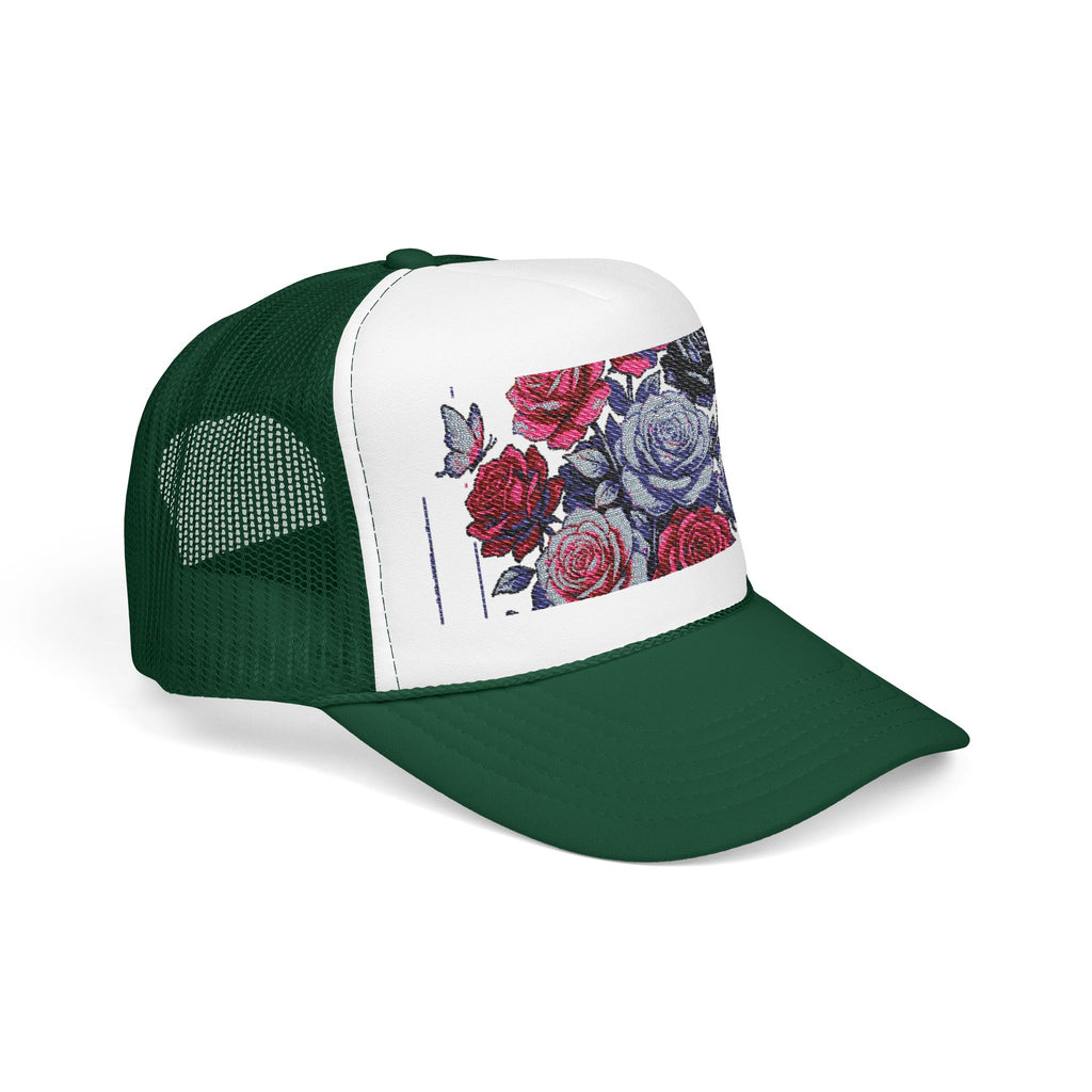Rose Pixel Art Trucker Hat — Floral Retro Foam Mesh Cap
