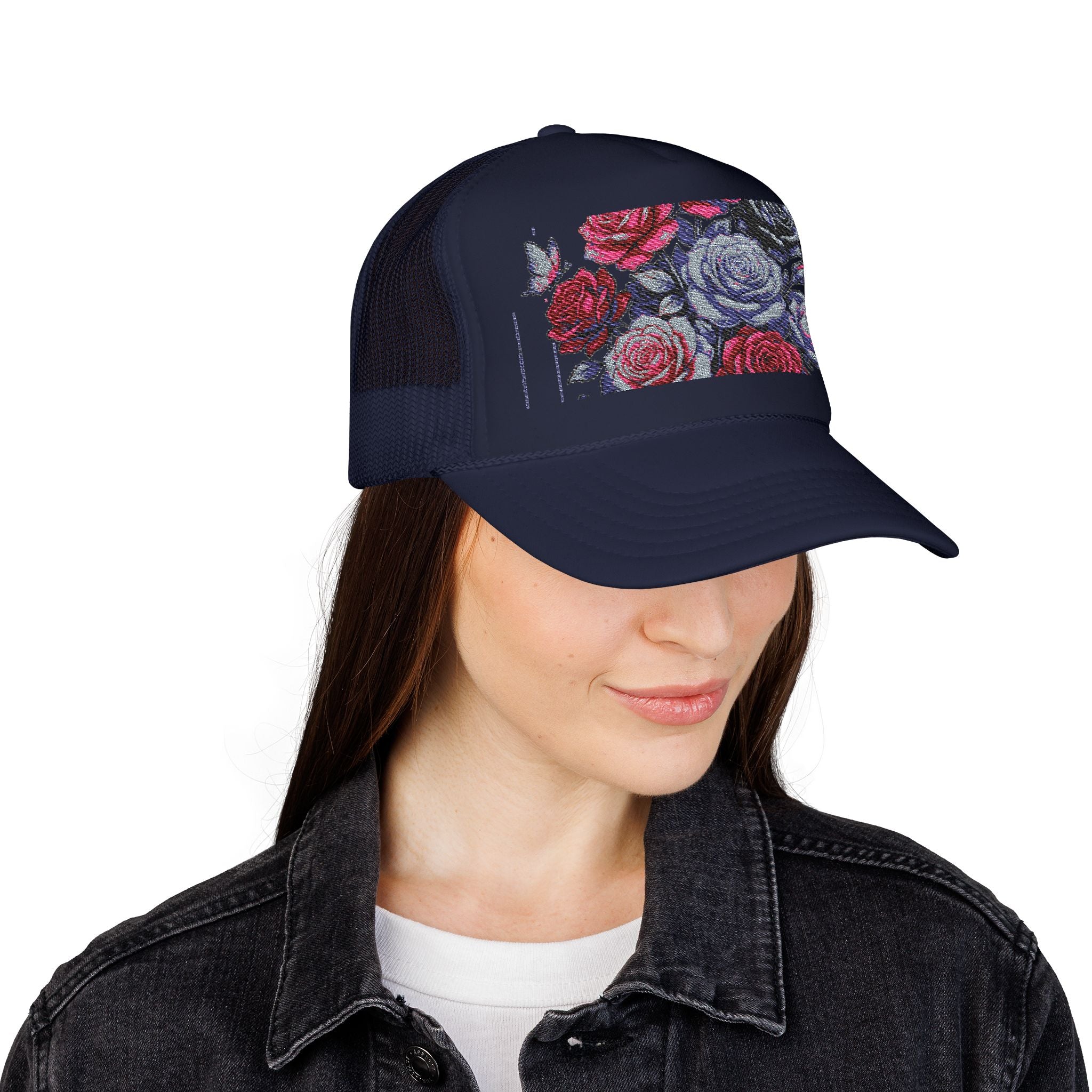 Rose Pixel Art Trucker Hat — Floral Retro Foam Mesh Cap