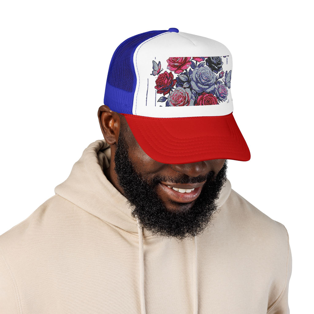 Rose Pixel Art Trucker Hat — Floral Retro Foam Mesh Cap