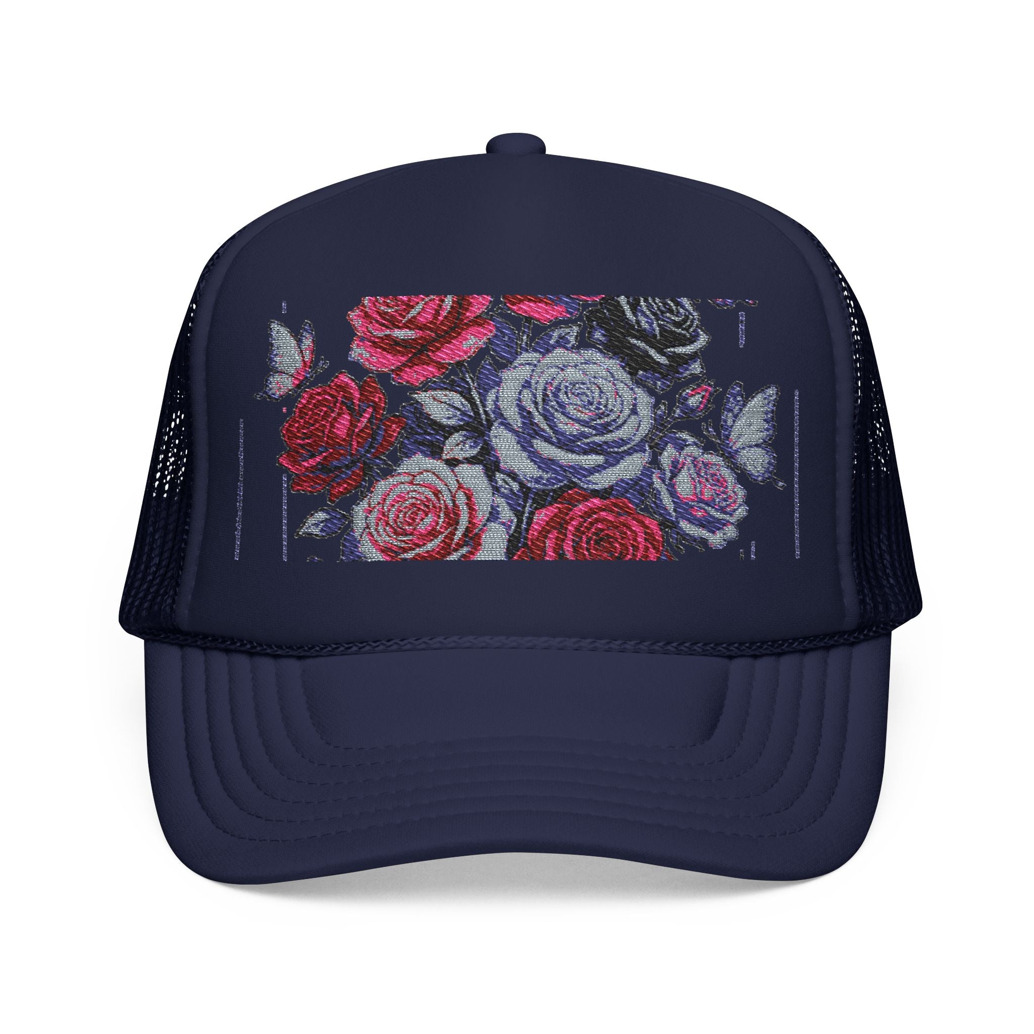 Rose Pixel Art Trucker Hat — Floral Retro Foam Mesh Cap