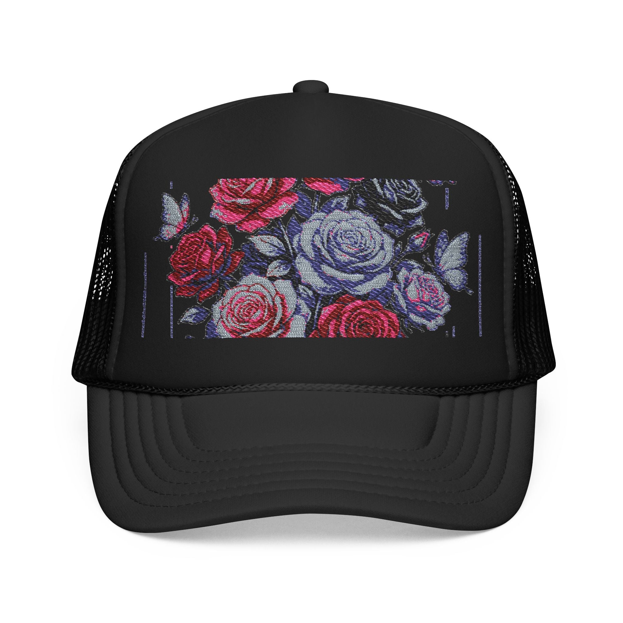 Rose Pixel Art Trucker Hat — Floral Retro Foam Mesh Cap