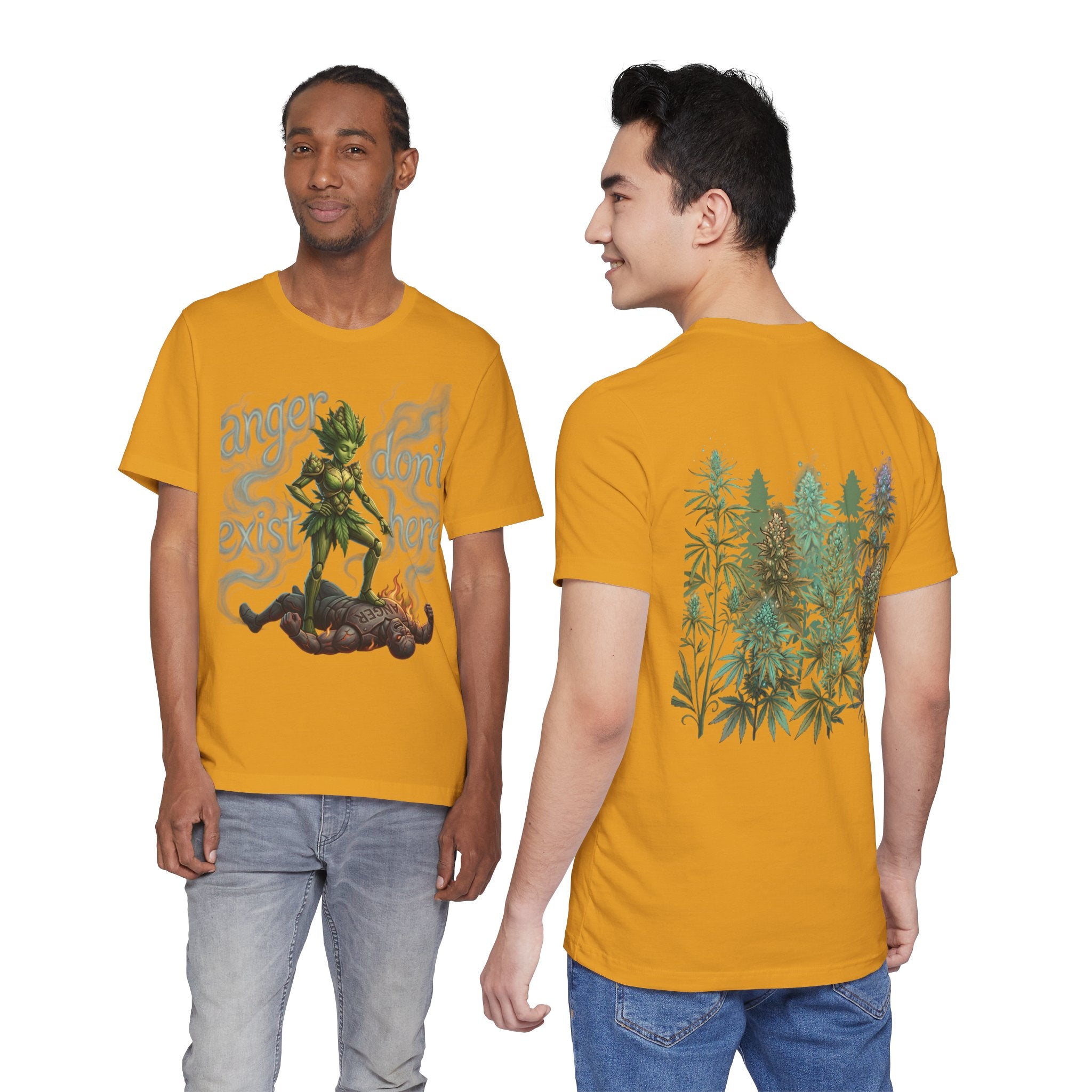 T-Shirt — 'Anger Don't Exist Here' Green Forest Spirit Graphic Tee (Front/Back Cannabis Plant Design)