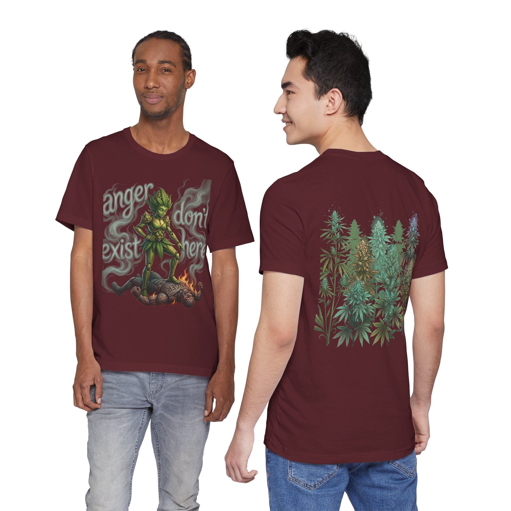 T-Shirt — 'Anger Don't Exist Here' Green Forest Spirit Graphic Tee (Front/Back Cannabis Plant Design)