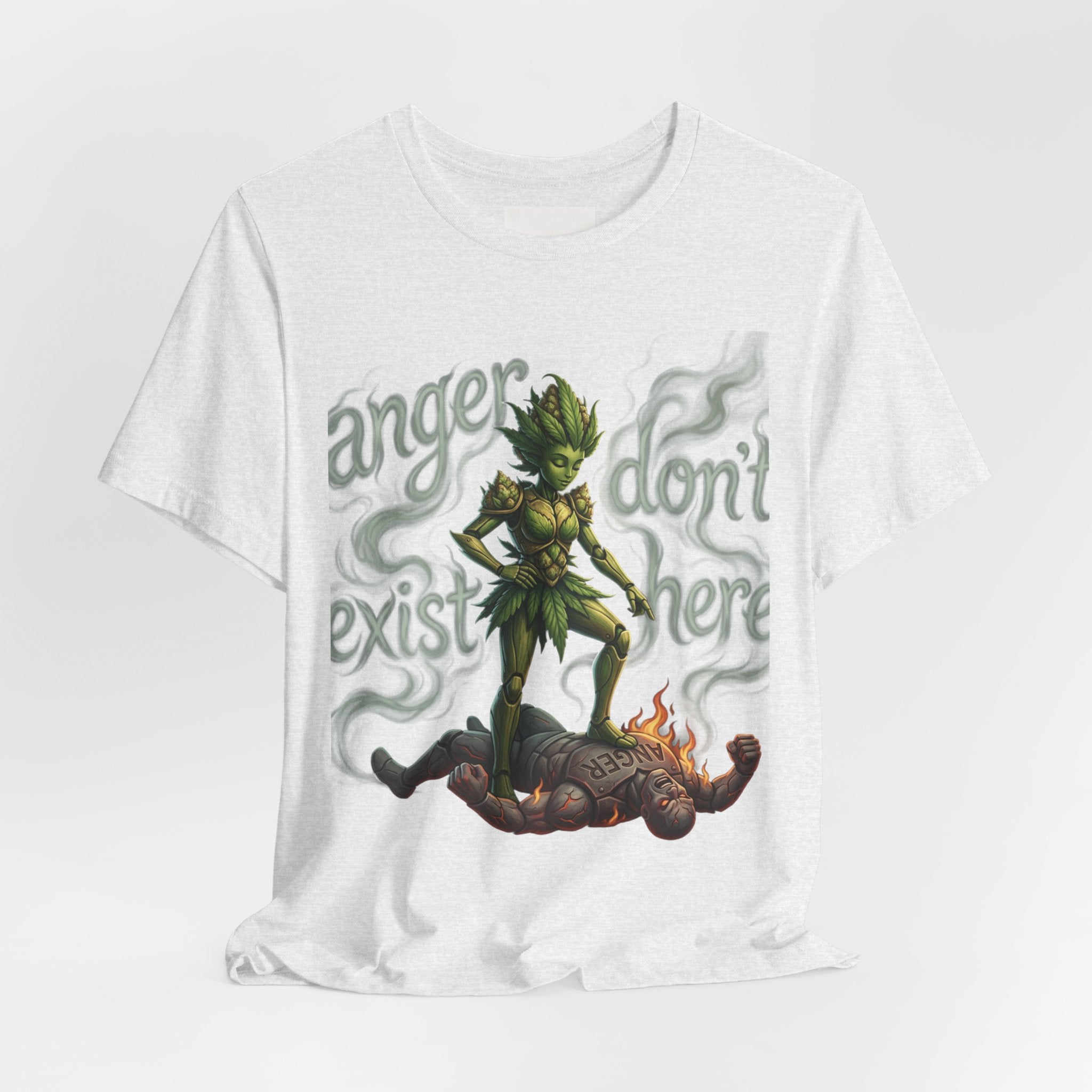 T-Shirt — 'Anger Don't Exist Here' Green Forest Spirit Graphic Tee (Front/Back Cannabis Plant Design)