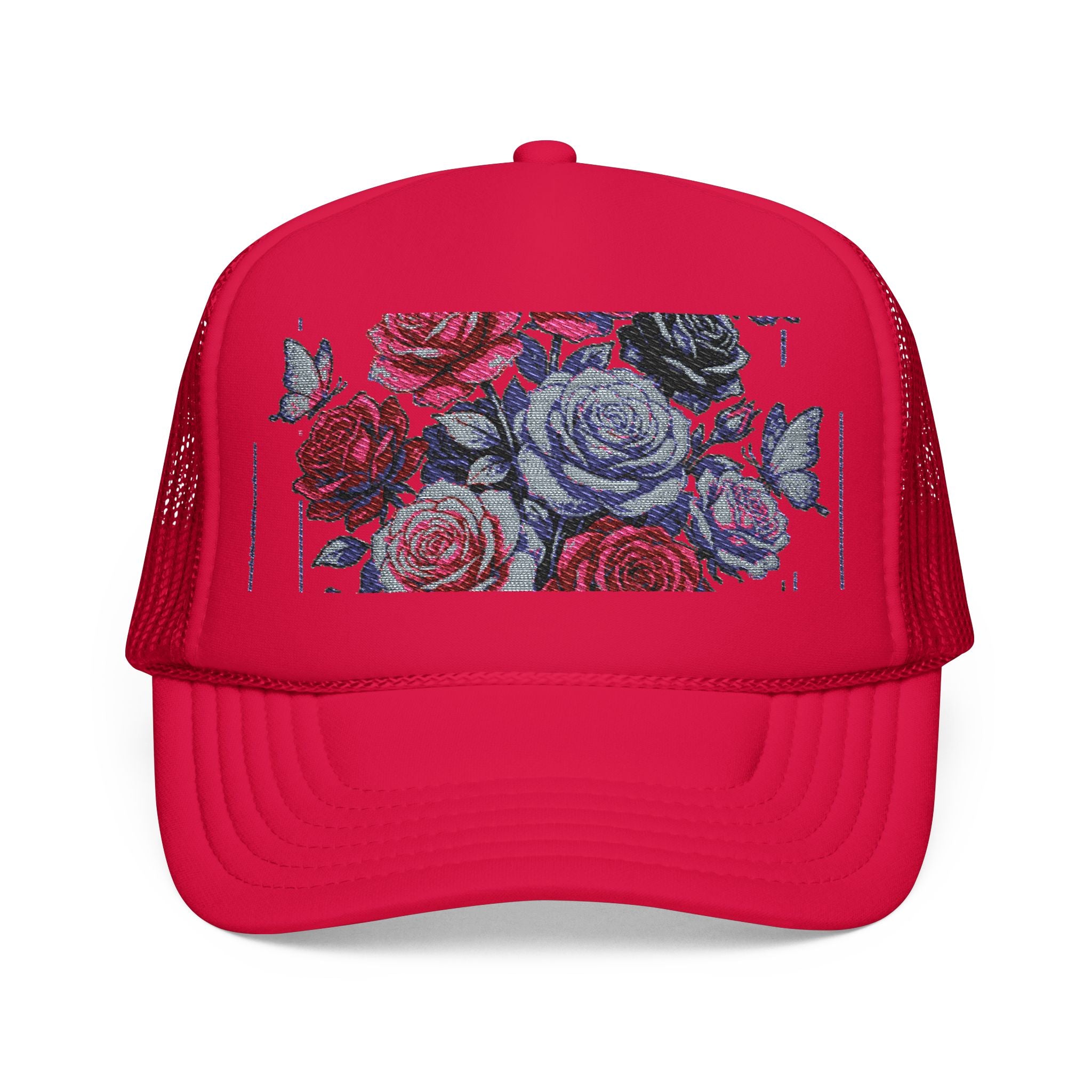 Rose Pixel Art Trucker Hat — Floral Retro Foam Mesh Cap