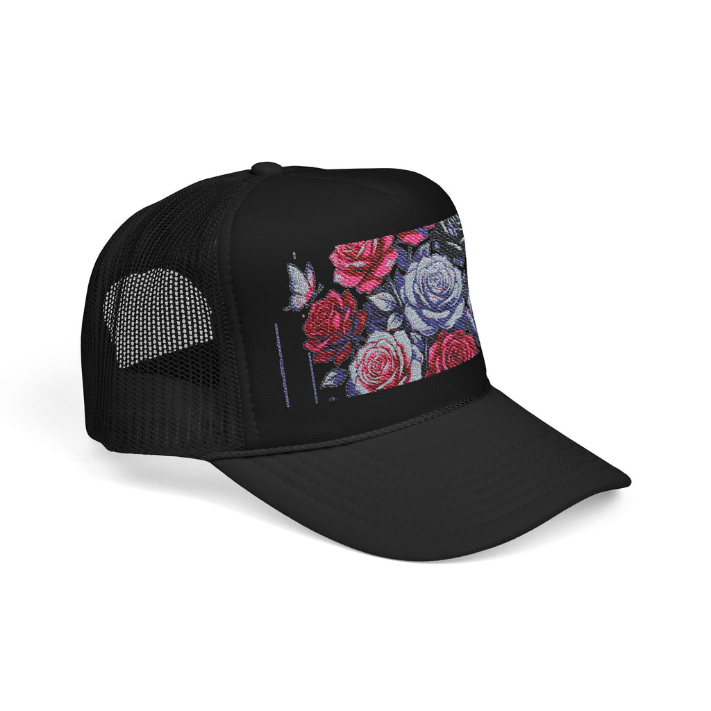 Rose Pixel Art Trucker Hat — Floral Retro Foam Mesh Cap