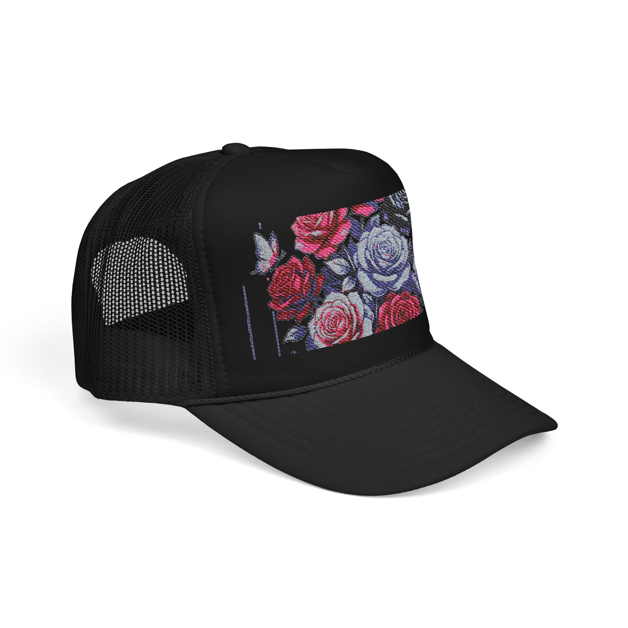 Rose Pixel Art Trucker Hat — Floral Retro Foam Mesh Cap